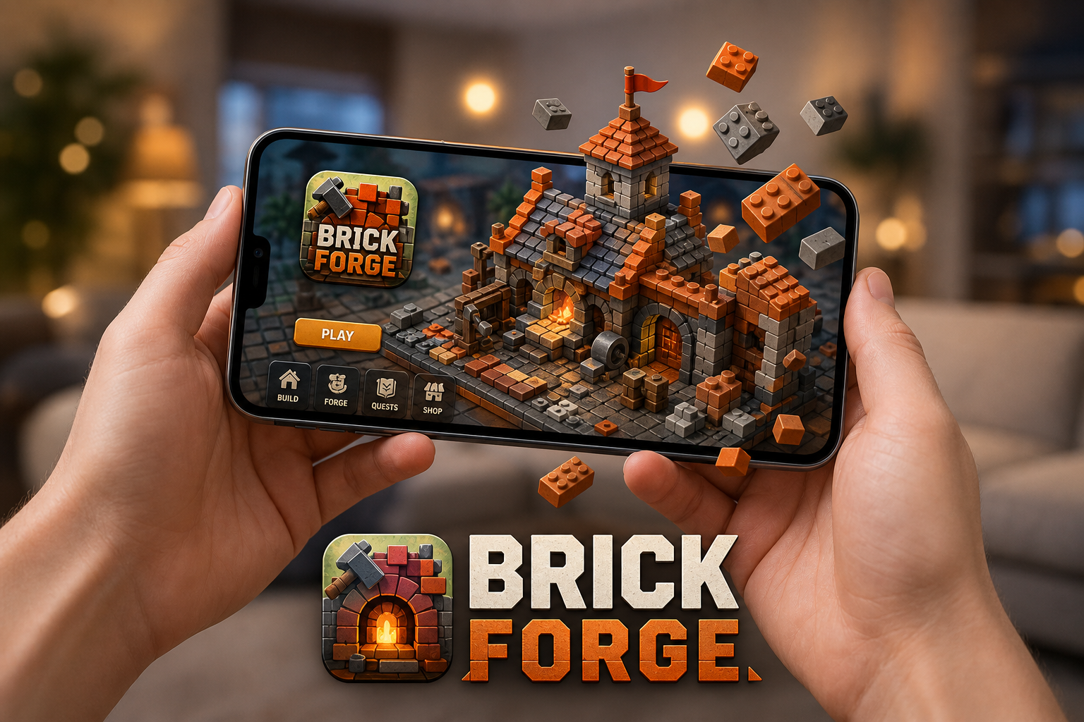 Brick Forge Walk Mode — first-person view inside a player-built city scene
